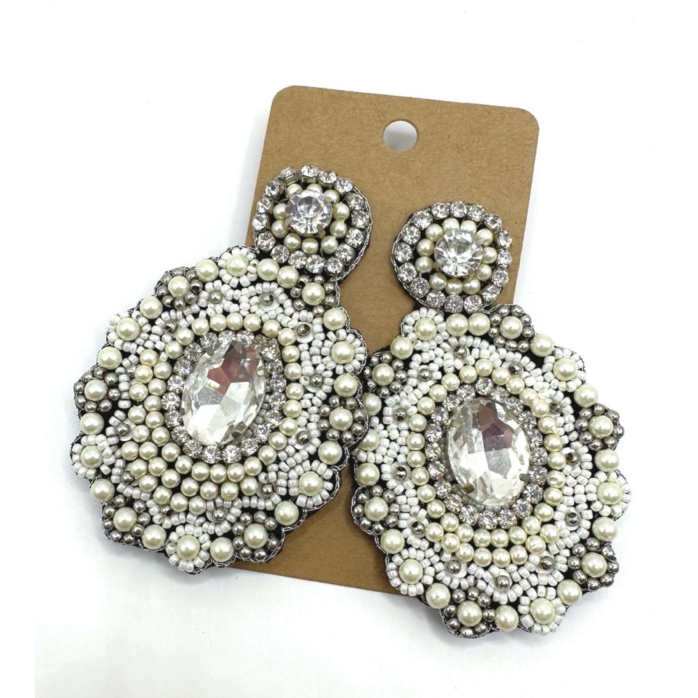 Soutache White Pearl & Rhinestone Earrings